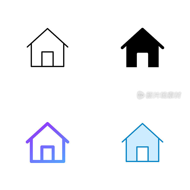 Home Icon设计在四个风格与可编辑的笔画。线，实线，平线和颜色梯度线。适合网页，手机App, UI, UX和GUI设计。